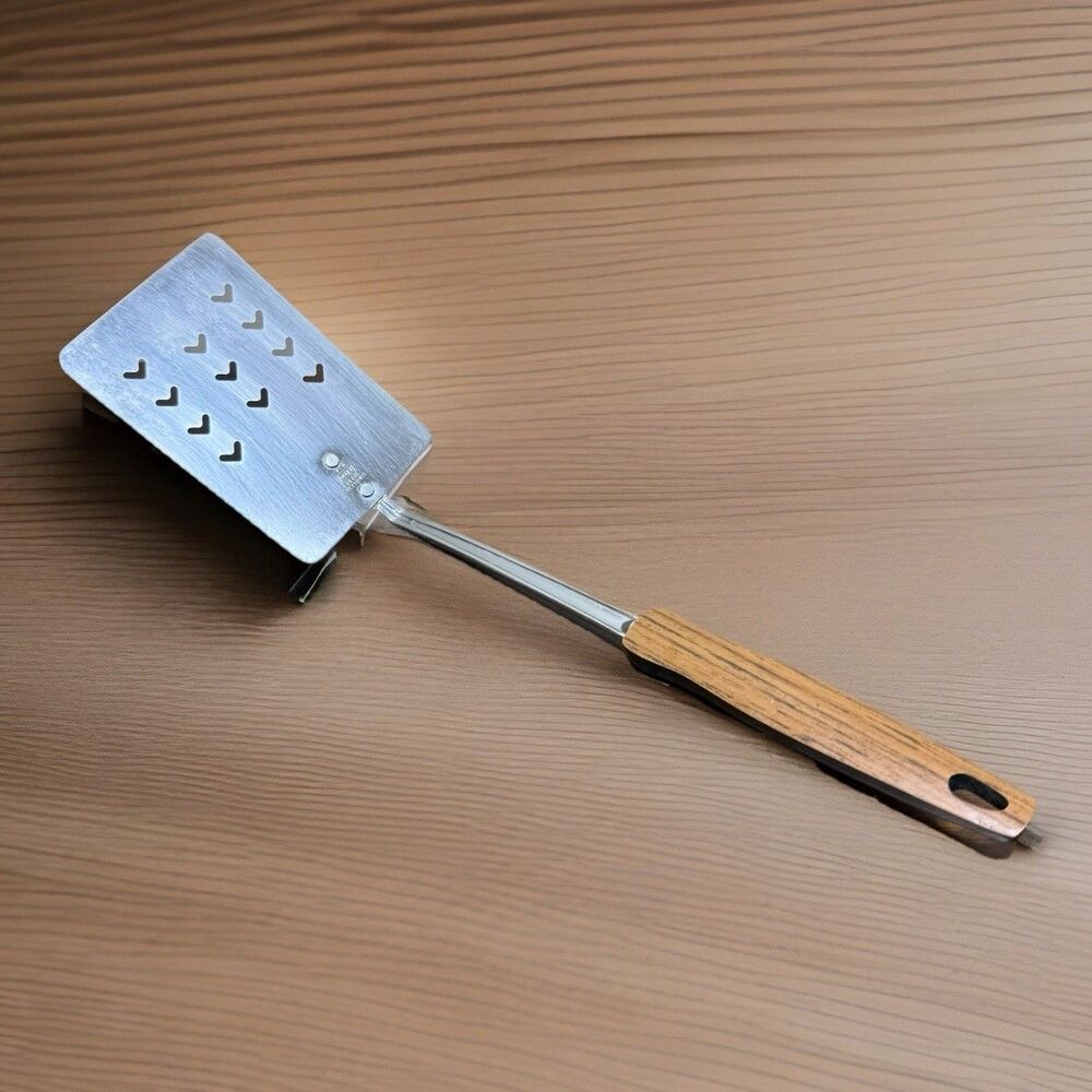Vintage MCM Faux Wood EKCO Heart Slotted Spatula Stainless Steel Made In USA